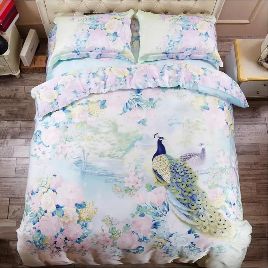 Peacock Flowers Queen/King Tencel Bedding Set Luxury Boho Style 4pcs