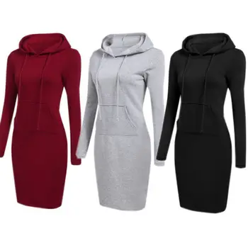 

2018 Women Casual Hooded Sweatshirt Long Sleeve Hoodie Pocket Bodycon Tunic Top Solid Long Style Pullover