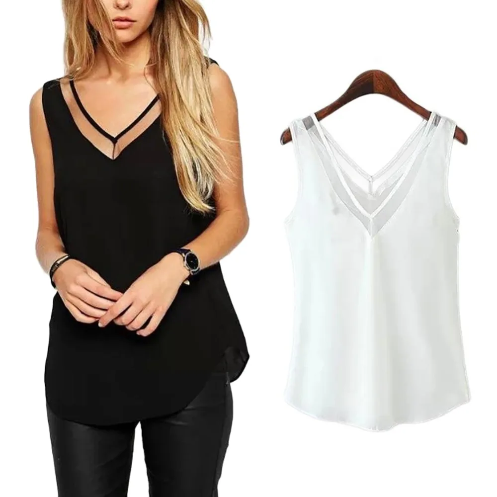 Sleeveless women's sleeveless v neck net gauze lady's