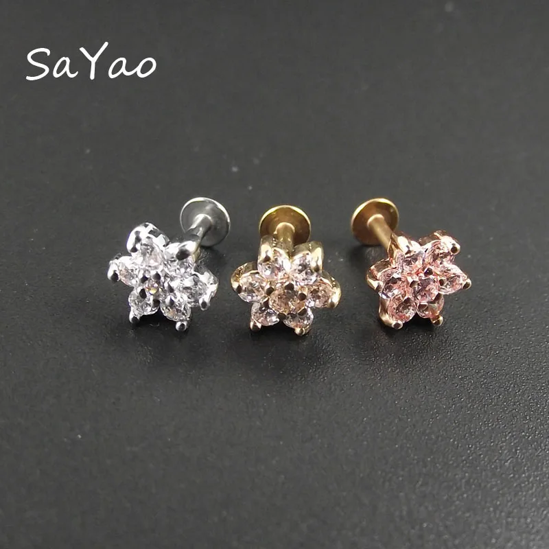 

SaYao 1 piece 6mm Length 16G Lip Ring Labret Earring Nail Bone Barbell Zircon Rose Flower Helix Tragus Ear Piercing Body Jewelry