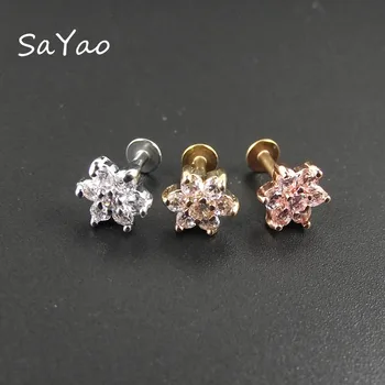 SaYao 1 piece 6mm Length 16G Lip Ring Labret Earring Nail Bone Barbell Zircon Rose Flower Helix Tragus Ear Piercing Body Jewelry