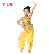 Детский костюм для танца живота топ с перцами+ шифоновый комбинезон+ шифоновый золотой пояс с монетами 3 шт./компл. для детского танца живота