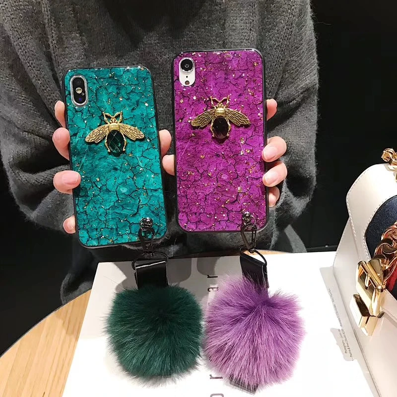 

Luxury DIY crystal Bee+Fur Ball+Strap Phone case For iPhone 6 6s 8 7 Plus X XS MAX XR silicon TPU Bling Glitter Capa Funds Coque