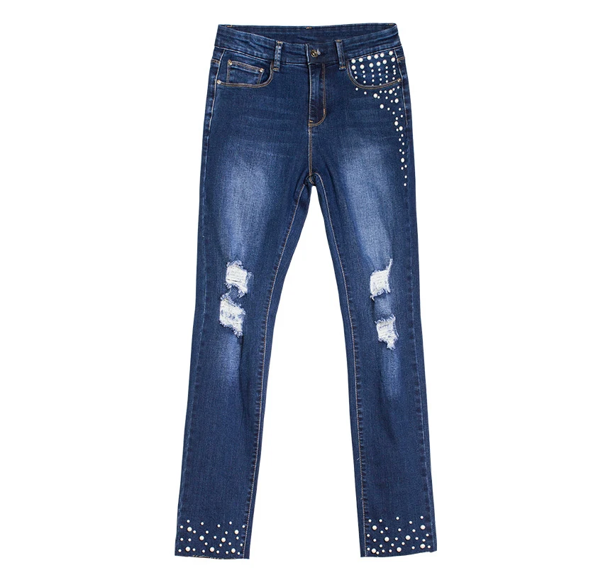 European station Europe and the United States new hole pearl cat toe cowboy high waist pants feet beaded straight jeans (14)