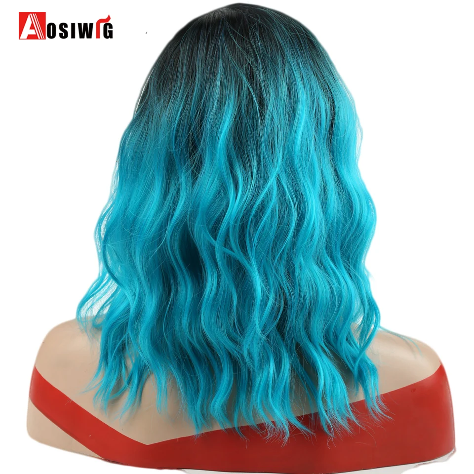 

AOSI WIG 14" Synthetic Ombre Red Blue Pink Wigs Heat Resiatant Short Water Wave False Hair for African American Women