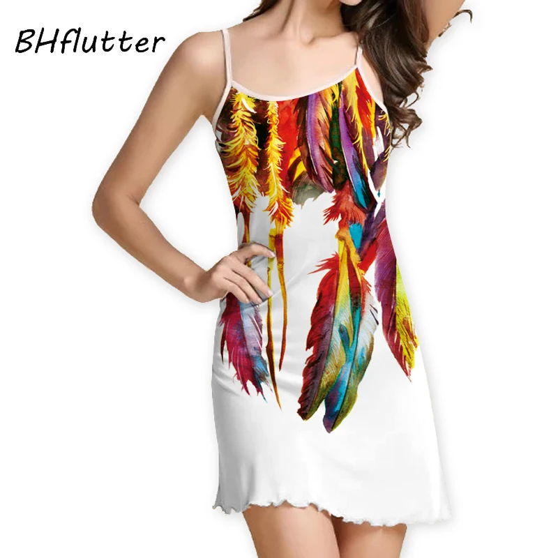 

BHflutter White Summer Dress New Arrival 2018 Fashion Women Dress Feather Print Strapless Mini Sexy Dress Casual Beach Dresses