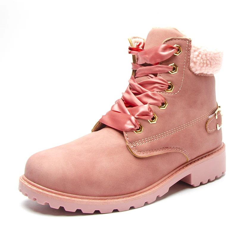 Fujin/женские зимние ботинки; розовые женские ботинки на платформе; повседневные ботильоны на шнуровке; женская обувь с круглым носком; Зимние ботильоны