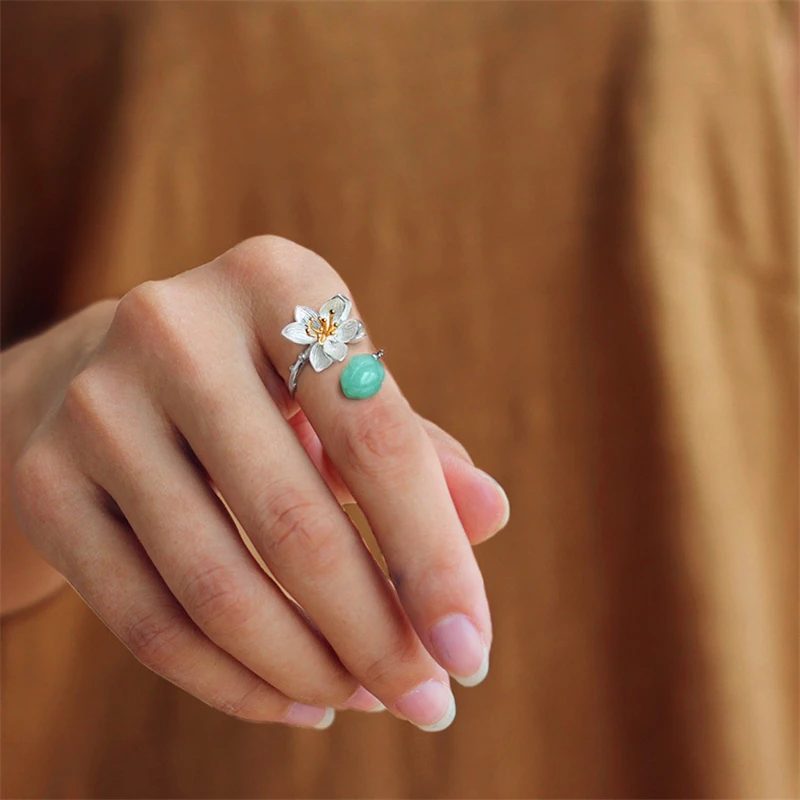 Lotus Fun Real 925 Sterling Silver Natural Chalcedony Handmade Fine Jewelry Flower Ring Lotus Whispers Rings for Women Bijoux