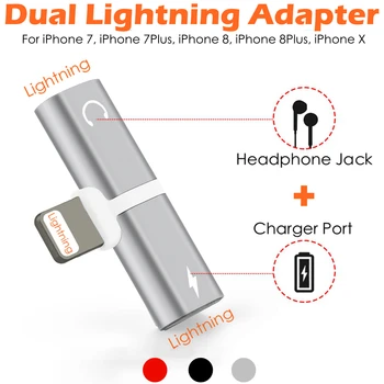 

2 Lighting for Dual Lightning Adapter Converter Charging Port with Headphone Jack Splitter Cable Plug for iPhone 7 8 Plus 10 X