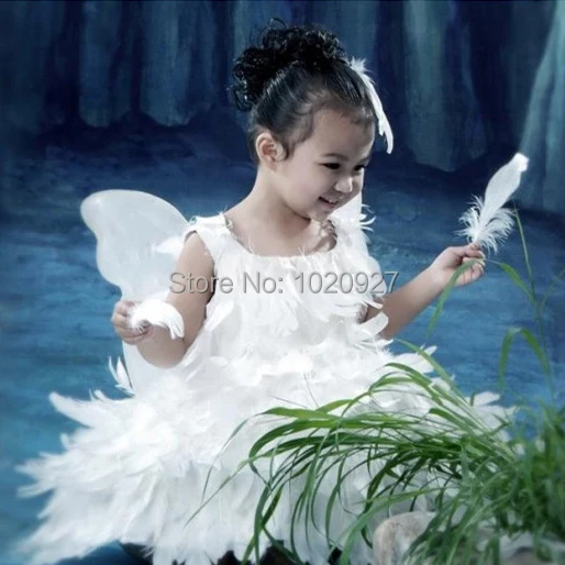 Белые детские рождественские костюмы, красивые платья принцессы с крыльями ангела и перьями для девочек, включая дерсс+ крылья из пряжи+ чародей