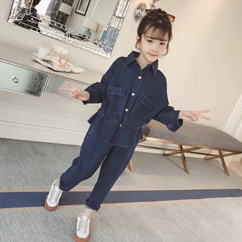 

girls 2 piece set denim clothing 2019 spring pants +blouse 10 12 years old