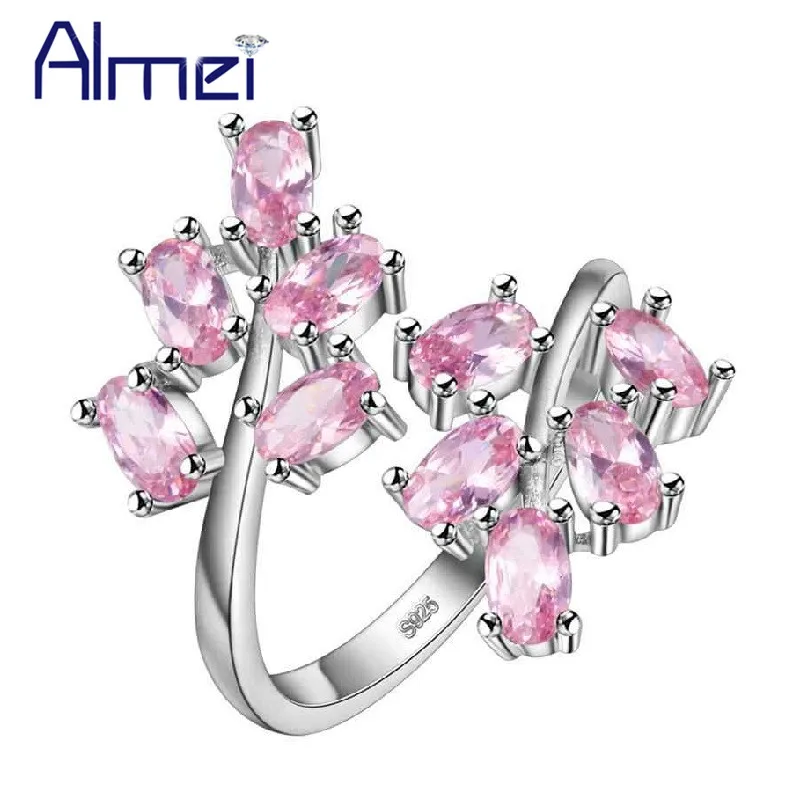 

Almei 15% Off Silver Color Wedding Rings for Women Girls Cubic Zirconia Pink Flower Adjustable Ring Female Fashion Jewelry J681