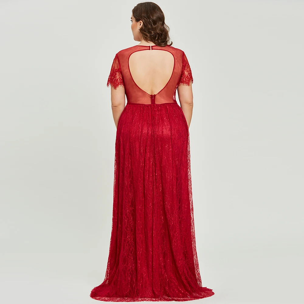 Ceny Dressv bordowy z wycięciem plus rozmiar suknia wieczorowa elegancka linia z krótkimi rękawami ślubna formalna sukienka na przyjęcie koronkowe suknie wieczorowe