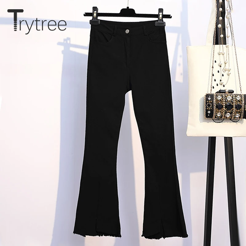 Trytree/осенний женский костюм из двух предметов, повседневный топ с v-образным вырезом и эластичной резинкой на талии+ штаны, джинсовый мужской костюм с колокольчиками, офисный комплект из 2 предметов