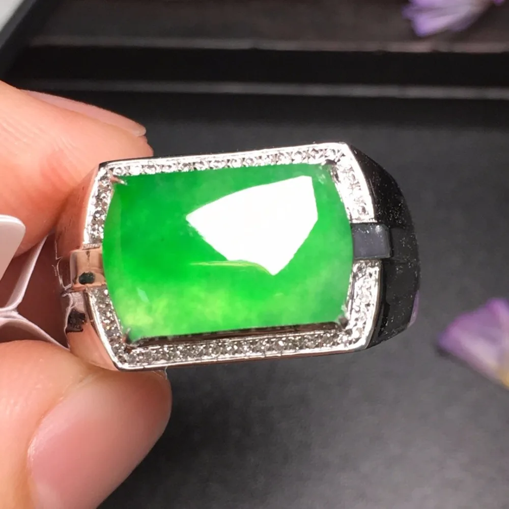 

427 Fine Jewelry Pure 18 K Gold Real Natural Green Jade Burma Origin Jadite Wedding Engagement Male Rings for Men's Fine Ring
