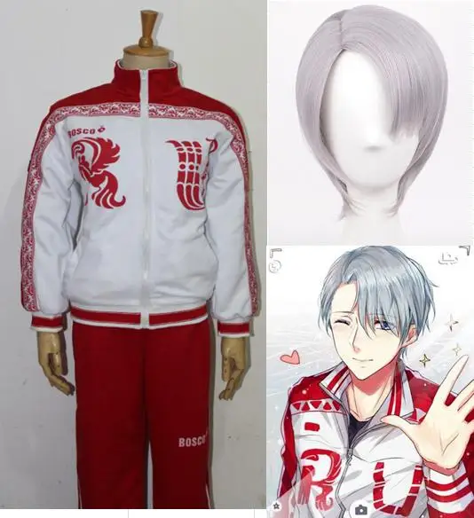 Victor Nikiforov Cos костюм унисекс куртка брюки шиньон YURI! on ICE Аниме Косплей красное пальто брюки Серебряный головной убор Хэллоуин