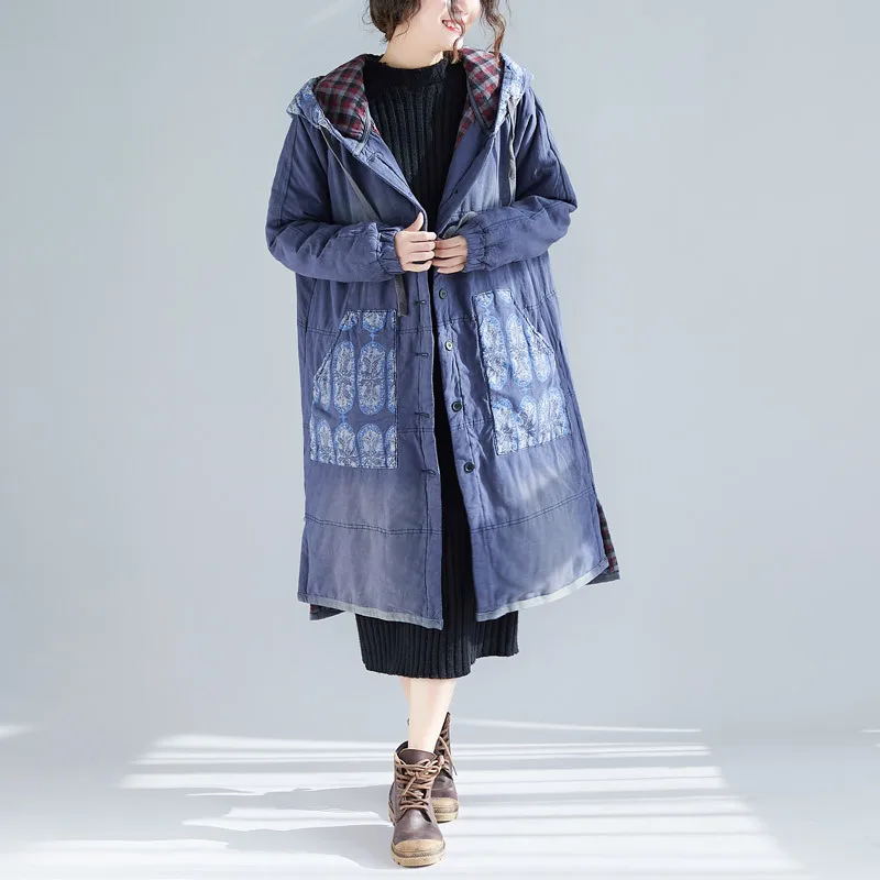 Bleu Johnature Bouton Grande Vêtements Chauds Patchwork Capuche Hiver À Femmes Manteaux Floral Vintage Parkas marron Taille Poches vert Imprimer Pour rCr4wTq