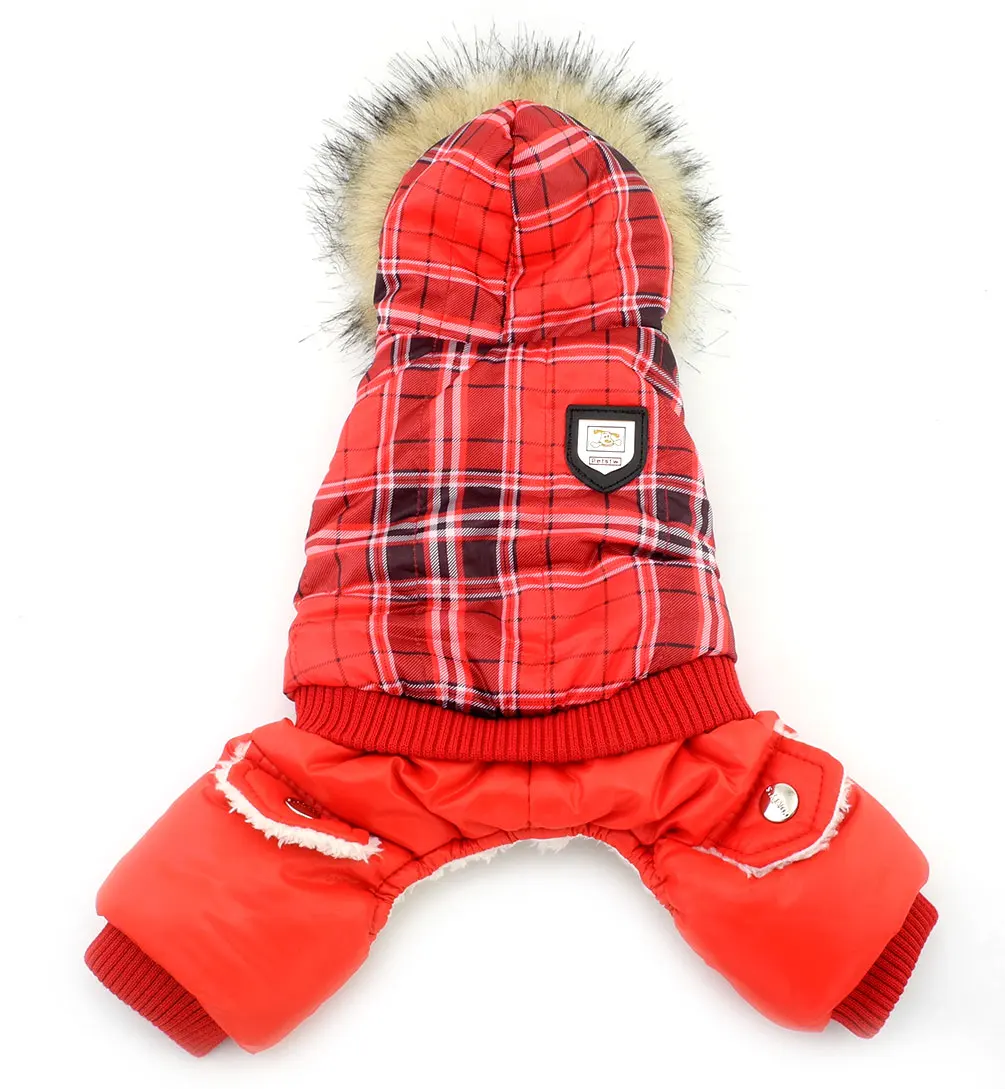 Small Dog Clothes for Girls Boys European Style Plaid Dog Coat Fleece Lined Hoodies Jumpsuits
