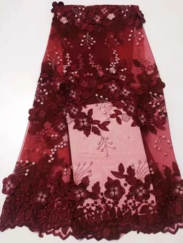

French Lace Fabric 3D Flower Rhinestones Embroidered African Tulle Lace Fabric With Beads African Lace Fabric For Wedding Dress