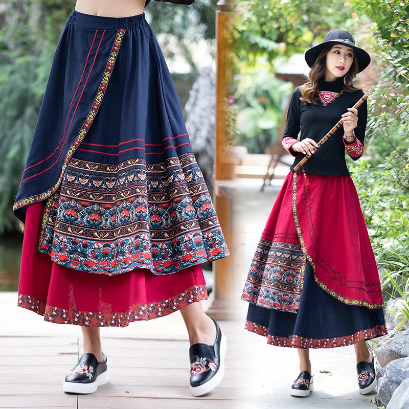 

2019 Autumn Winter Vintage boho Long Skirts Women Patchwork Cotton And Linen Skirt irregular Elegant Tutu Skirts Plus Size W506