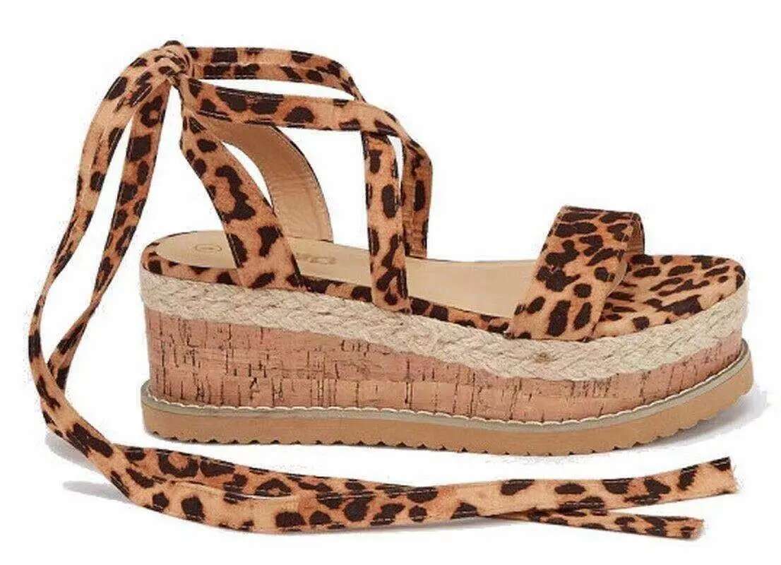 

Quality Summer Leopard White Wedge Espadrilles Sandals Open Toe Gladiator Sandals Casual Lace Up Women Platform Sandals Shoes