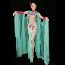 Большие Цветы Стразы стрейч телесного цвета комбинезон женский сексуальный китайский костюм женский певец танец сцена Одежда сетка наряды