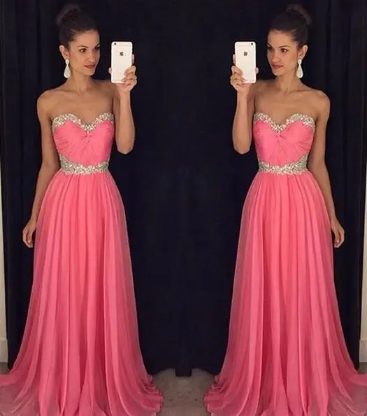Fashion 2016 Evening Dresses A Line Chiffon Crystal Strapless Neck Sleeveless Long Bridal Party Prom Gowns Robe De Soiree Custom | Свадьбы и