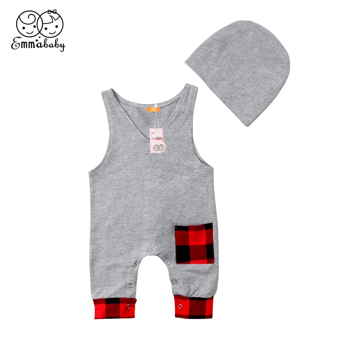 

Summer new 2PCS Toddler Baby Boy Girl sleeveless plaid patchwork Romper Jumpsuit Playsuit +Hat casual kid Outfit Clothes set
