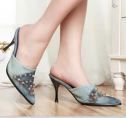 Denim Decorative Studded Blue Jeans Sandals Metal Stiletto Shoes Woman Pointed Toe High Heels Mules Slippers Pumps Lady Shoes