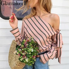 Glamaker полосатая шифоновая женская блузка на одно плечо, летняя элегантная повседневная женская блузка, сексуальная уличная блуза, Рубашки, Топы
