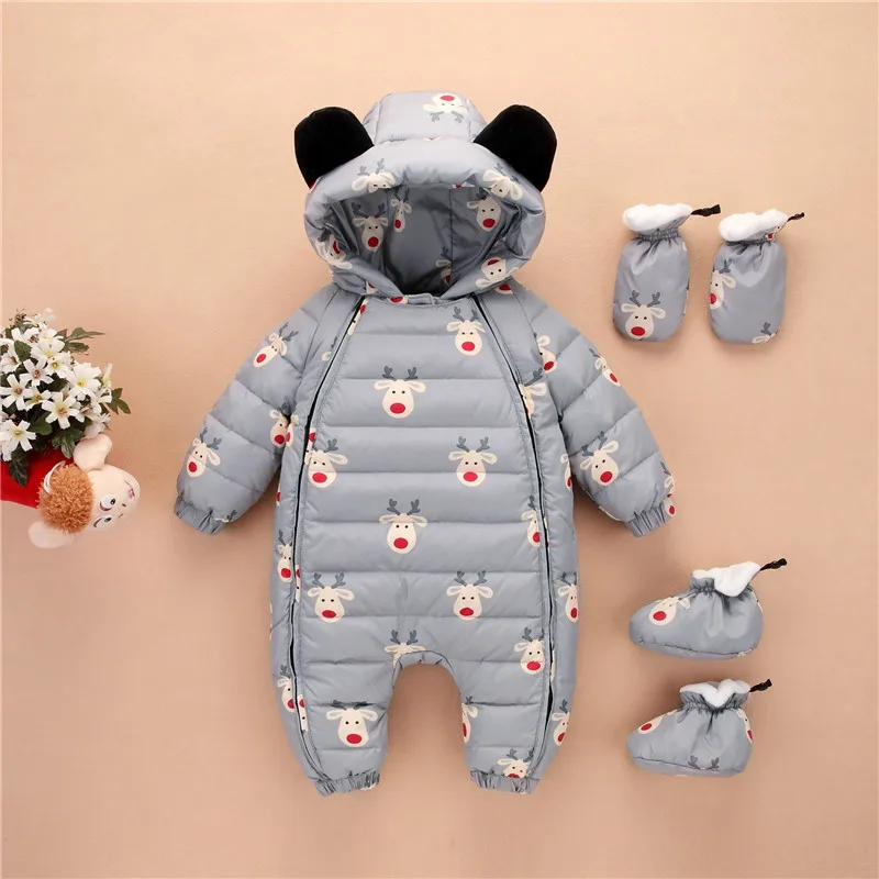 

Winter warm Baby duck down Rompers infant Boy Thick Jumpsuit baby wear girl Snowsuit Kid Newborn Clothes 3pc romper+shoes+gloves
