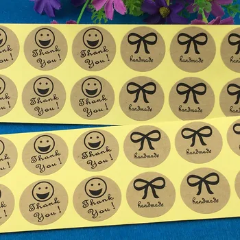 

500PC/Lot Kraft Blank Cardboard Half Smiling Face"thank you" Add Half Bowknot Pattern "Handmade"Sticker Labels Adhesive Label