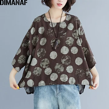 

DIMANAF Plus Size Women Polka Dot T-Shirts Vintage Big Size Linen Tops Tees Female Clothes Loose Casual New Summer Tunic Shirt