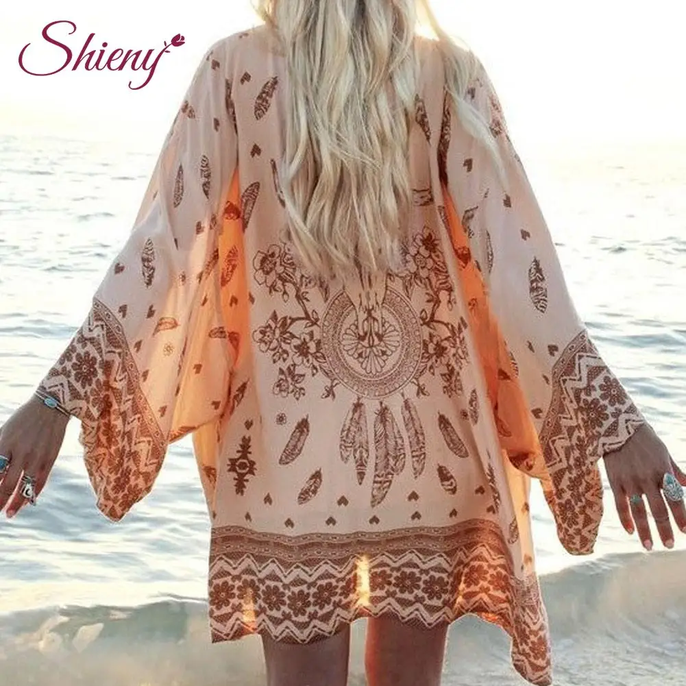 

Shieny 2019 Summer Beach Bathing Suit Cover Ups for Women Chiffon Print Thin Perspective Ladies Bikini Swimming Suit Cover Up