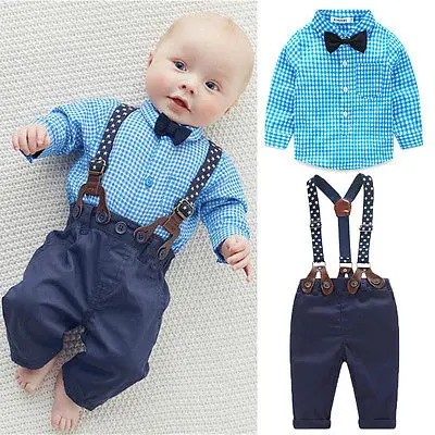 

2018 Infant Newborn Toddler Baby Boy Bow Tie Plaid Blue Shirt Suspender Pants Trousers Gentle Outfits 2pcs Set new
