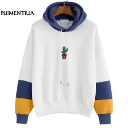Puimentiua 2018 милые кактус вышивка для женщин толстовки осень зима флисовая толстовка с капюшоном повседневное Полосатый пуловер для девочек