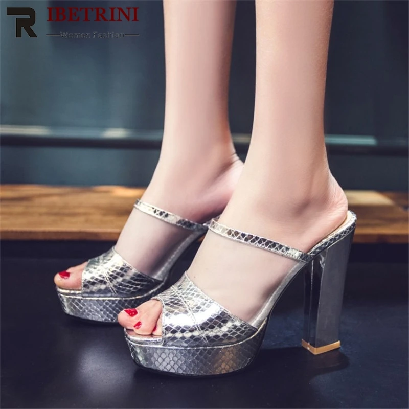 

RIBETRINI Sexy High Heels SUMMER Women Shoes 2019 Air Mesh Fashion Open Toe Platform Party Big Size 43 Mules Pumps Shoes Woman