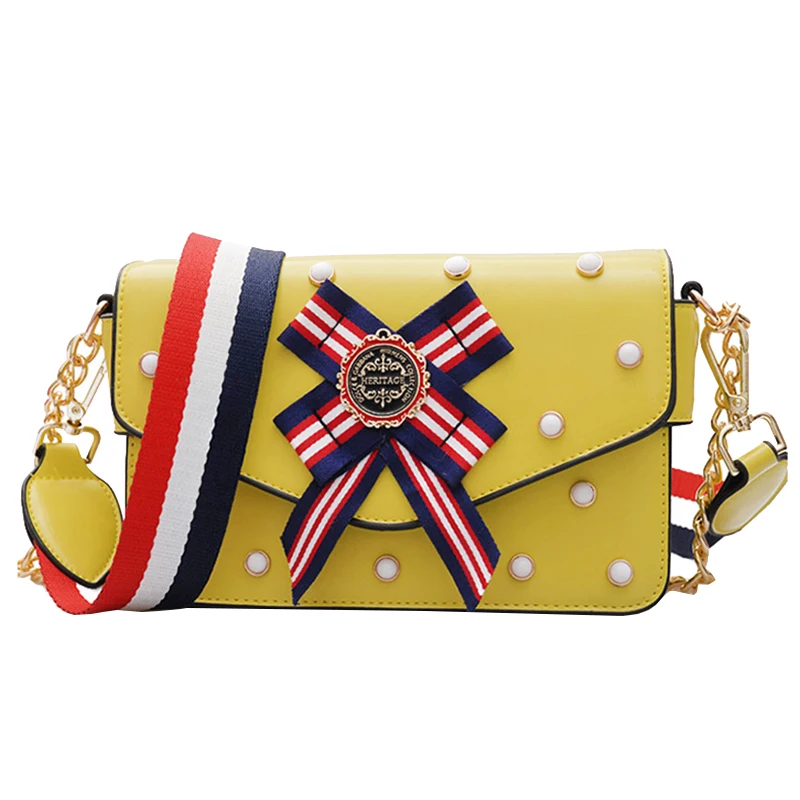 

Spring and summer new women's bag 2017 wide shoulder strap elegant bow small square fashion pearl rivets shoulder bag handbag