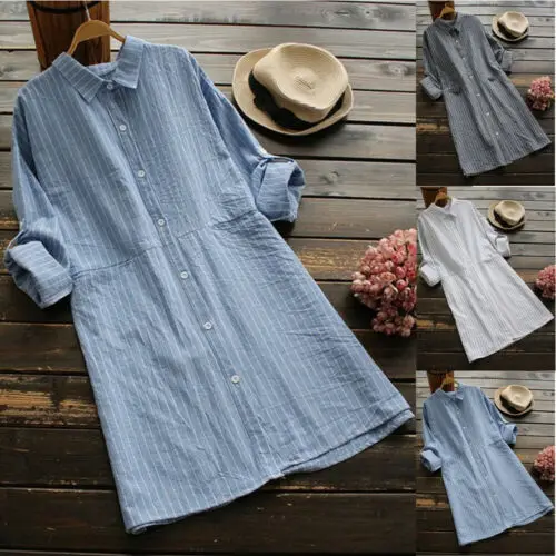 

2019 Women Boho Striped Long Sleeves Casual T-shirt Dress Ladies Summer Beach Sundress