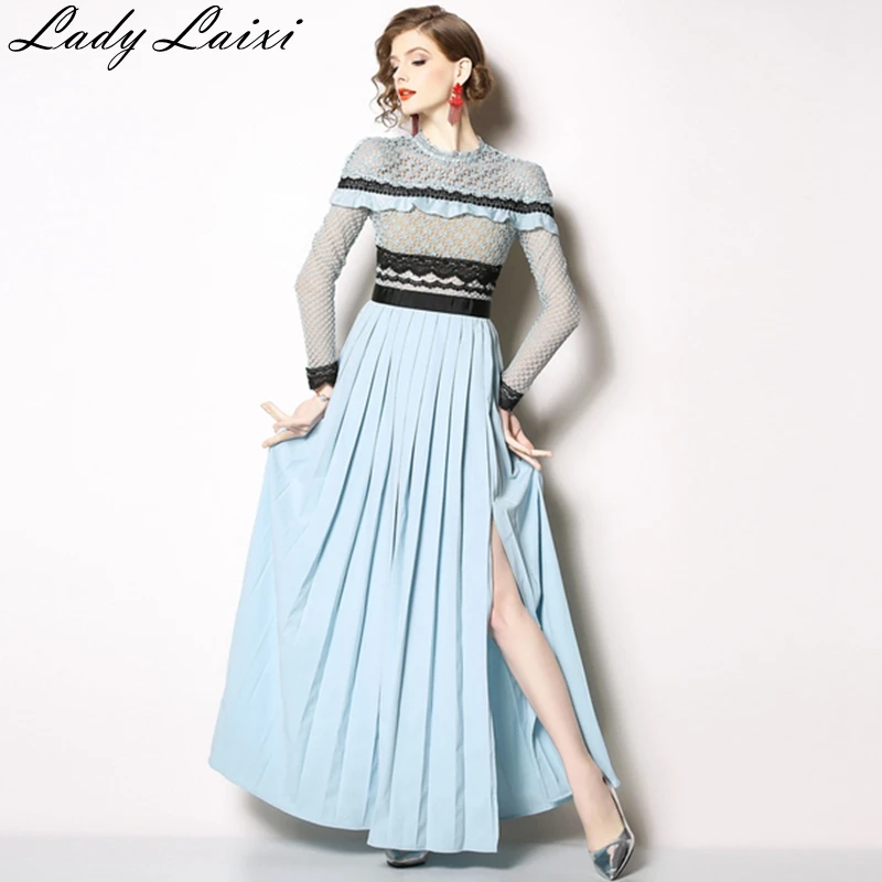 

2019 Spring Runway Self-Portrait Pleated Long Dress Hollow Out Ruffles Crochet Lace Patchwork Split Party Dress Maxi dresses