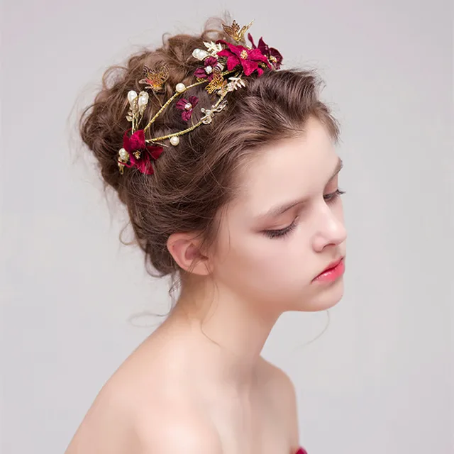 Gold Leaves Butterfly Wedding Headband Handmade Red Flower Bridal Hairstyles Hair Accessories Bride Pearl Headpiece Part Gold Leaves Butterfly Wedding Headband Handmade Red Flower Bridal Hairstyles Hair Accessories Bride Pearl Headpiece Part