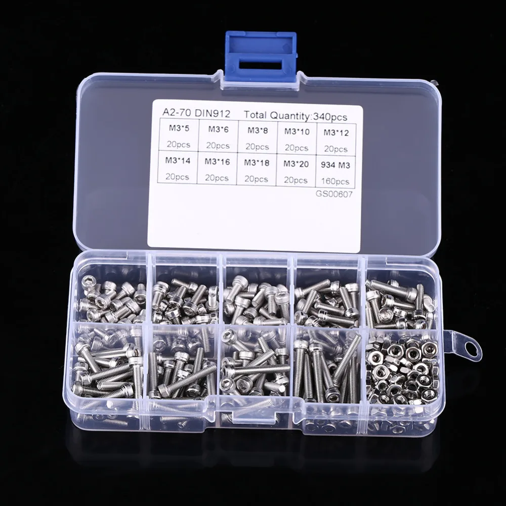 

340pcs/set M3 Stainless Steel SS304 Hex Socket Cap Head Screws Nuts Assortment Kit Fastener Hardware With Box