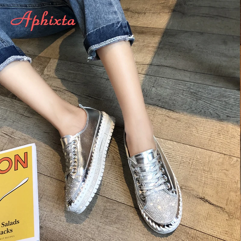 Aphixta Loafers Shoes Women Luxury Silver Crystal Lace-up Platform Shoes Woman Sequined Cloth Bling Crysta Black Flat Heels Shoe