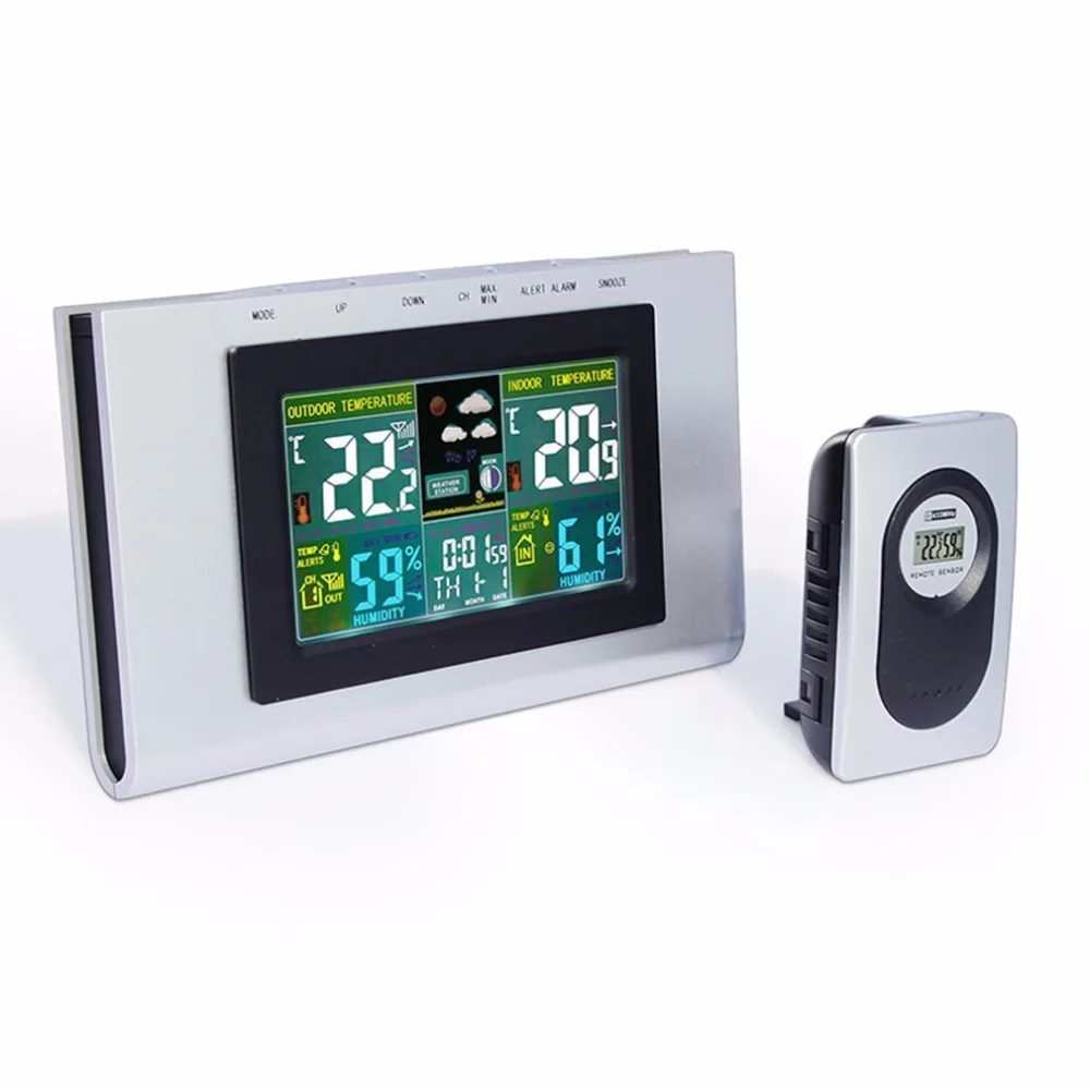 

Wireless Weather Station with Indoor Ourdoor Remote Digital LCD Color Sensor Thermometer Snooze Clock Sunrise Sunset Display