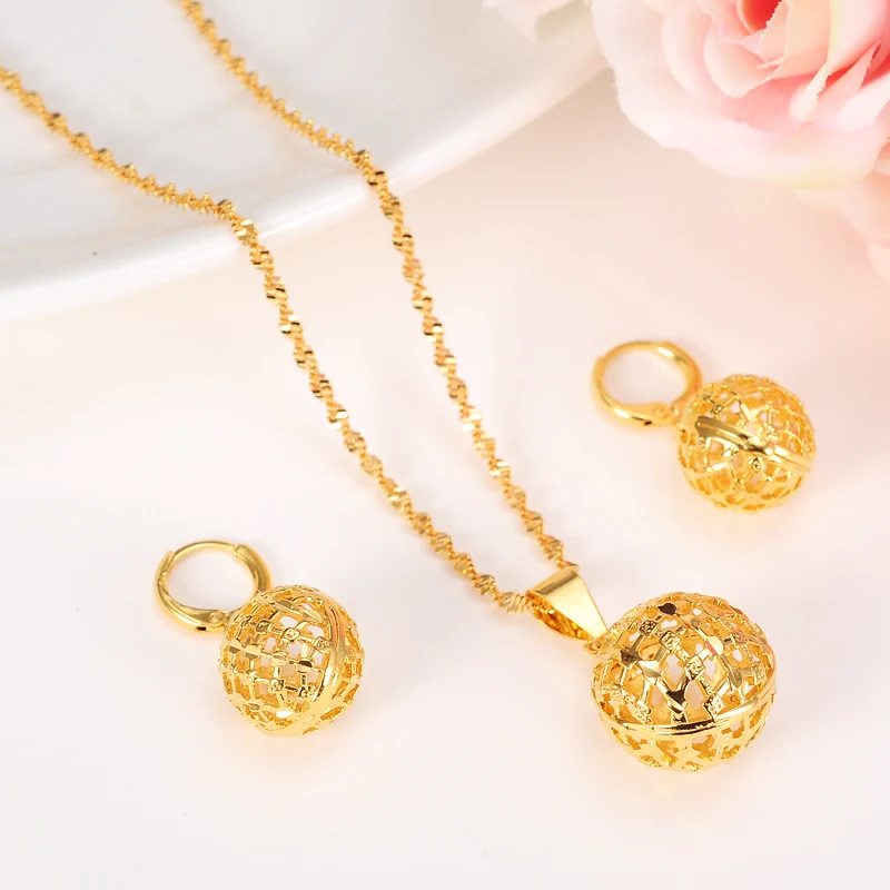 Round Ball Pendant Necklace chain Earrings sets Jewelry 24k Real Yellow Fine Gold GF Bead