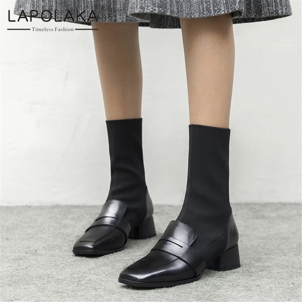 

Lapolaka Brand Design Cow Leather Stretch Boots Woman Shoes Slip On Square Toe Chunky Heels Autumn Boots Female Shoes Woman