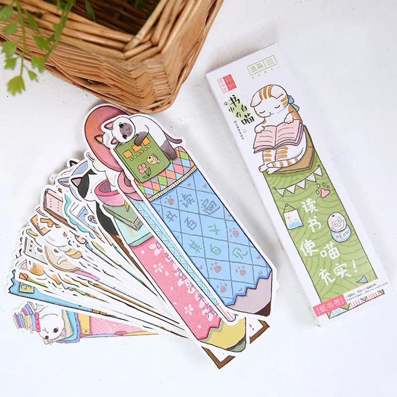 

30pcs/box creative Lovely Cute cat bookmark stationery bookmarks Kawaii Cartoon Promotional Gift school supplies papelaria
