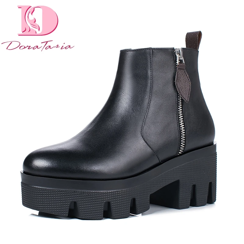 

DoraTasia 2019 Brand design natural cow genuine leather quality chunky heel boots woman fashion platform women shoes ankle boots