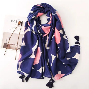 

KYQIAO women luxury brand scarf female autumn spring SPAIN STYLE vintage long blue dots circle pattern head scarf cape