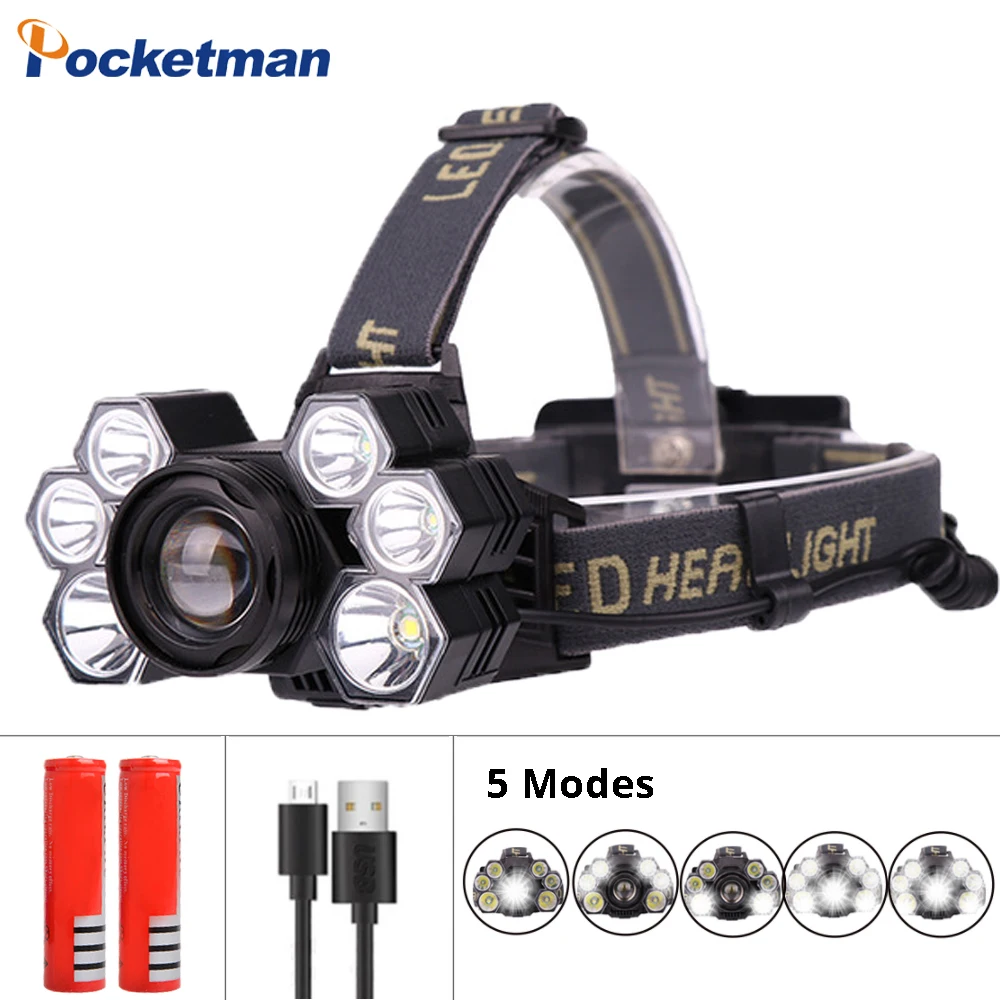 buy 30000LM Headlamps 3*T6+2*XPE LED Lamp 5 Modes Zoomable Headlight USB Charger Head Torch Camping Flashlight with 18650 Battery